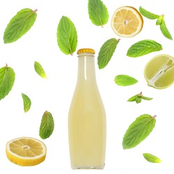 bottle with lemon drink mint and lemon on white background isolated