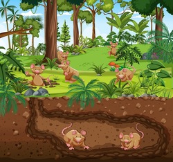 Underground animal burrow with rat family illustration