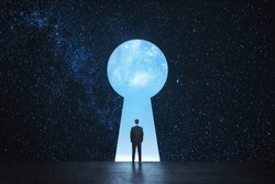 Back view of young businessman standing against keyhole door on starry sky background. Dream, success, opportunity and access concept
