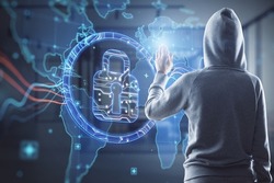 Hacker in hoodie using abstract digital padlock and map hologram on blurry office interior background. Hacking, security and global protection concept. Double exposure