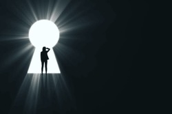 Backlit businesswoman standing in bright keyhole opening on dark background with mock up place and light rays. Dream, future and opportunity concept