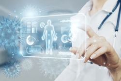 Close up of woman doctor hand pointing at abstract glowing medical cardiology interface on blurry hospital background with virus. Hi-tech technology and medicine of the future concept. Double exposure