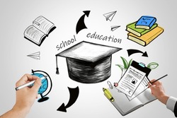 Creative hand drawn education sketch with graduation cap on white wallpaper. Knowledge, school and career concept
