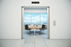 Conference room with city view is appeared from the elevator doors 3D Render