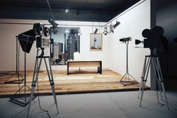 Film studio with cameras and movie equipment 3D Render