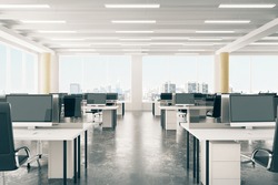 Open space office in loft style hangar with windows in floor and city view 3D Render