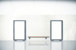 Blank posters in empty hall and wooden bench, mock up, 3D Render