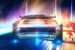 Abstract blurry colorful image of sports car on road. Creartive background. Double exposure 