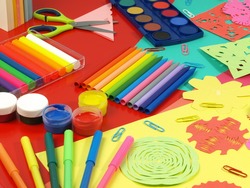 Colorful paper-cut in children's workshop,office equipment