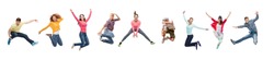 sport, dancing and people concept - group of people or teenagers jumping
