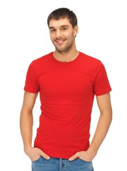 clothing design concept - bright picture of handsome man in blank red shirt