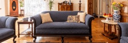 A stylish living room interior with antique furniture. Classic sofa on wooden floor. Panorama. Real photo.