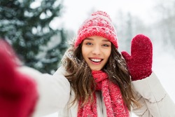 christmas, season and people concept - happy smiling woman taking selfie and waving hand outdoors in winter park