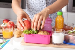 Young woman making school lunch  in the morning