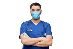healthcare, profession and medicine concept - doctor or male nurse in blue uniform, face protective medical mask for protection from virus disease, goggles and gloves over white background