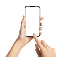 Female hands holding modern cellphone. Close up of woman hands holding smart phone with blank screen. Empty smartphone white screen ready for your app to be placed isolated on white background. 