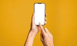 Close up of woman hand using smartphone isolated on orange wall. Female hands showing empty white screen of modern smart phone. Businesswoman holding cellphone and unlocks it with her fingerprint.