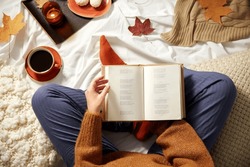 people, season and leisure concept - young woman reading book at home in autumn