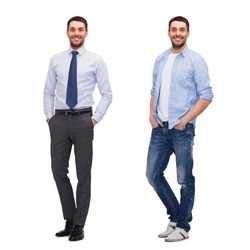 business and casual clothing concept - same man in different style clothes