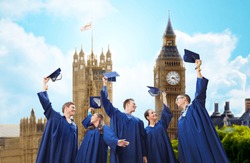 education, graduation and people concept - group of smiling students in gowns waving mortarboards over london city and big ben clock tower background