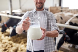 agriculture industry, farming, people and animal husbandry concept - happy smiling young man or farmer with cows milk in jug at cowshed on dairy farm