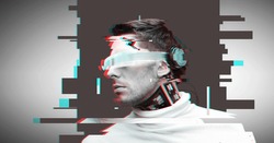 people, cyberspace, future technology and progress - man cyborg with 3d glasses and microchip implant or sensors over virtual glitch effect