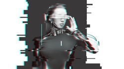 people, cyberspace, future technology and progress - woman cyborg with 3d glasses and microchip implant or sensors over virtual glitch effect