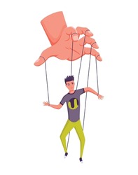Puppeteer hand controlling puppet. Business man or worker being controlled by puppet master. Manipulates a man like a puppet. Employer domination exploitation or authority manipulator