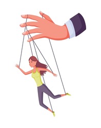 Puppeteer hand controlling puppet. Business woman or worker being controlled by puppet master. Manipulates a woman like a puppet. Employer domination exploitation or authority manipulator