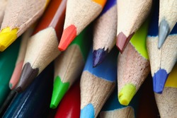 Close-up of multicoloured pencils. Tools for creativity or drawing creative picture. Back to school. Stationery and school supplies. Art and painting concept