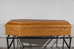 Coffins are presented in shop of undertaker