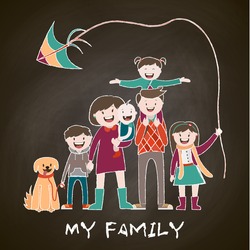 my big happy family , a large family , a stylish family, chalk drawing,vector graphics