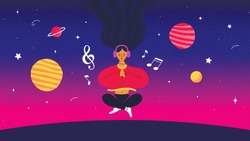 Woman is meditating and listening music. Space scene on a background