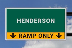 Henderson logo. Henderson lettering on a road sign. Signpost at entrance to Henderson, USA. Green pointer in American style. Road sign in the United States of America. Sky in background