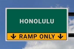 Honolulu logo. Honolulu lettering on a road sign. Signpost at entrance to Honolulu, USA. Green pointer in American style. Road sign in the United States of America. Sky in background