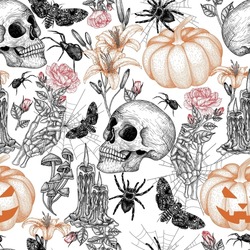 Seamless vector Halloween pattern in engraving style. Graphic skull, carved pumpkin, flowers, skeletal hand, moth, tarantula spider, cobweb, candles