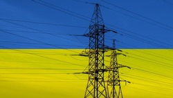 Ukrainian flag with electric tower and lines. Energy supply in Ukraine. High electricity and energy market prices. Crisis situation.