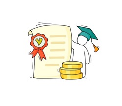 Scholarship concept with student, education certificate and money. Vector sketch illustration of tuition grant, study cost in college or university. Doodle man in graduation cap with diploma and coins