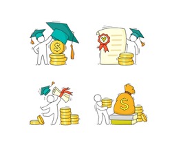 Scholarship concepts set with student, education certificate and money. Vector sketch illustration of tuition grant, study cost in college or university. Doodle man in graduation cap with diploma and 