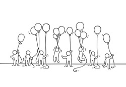 Sketch of crowd little people. Doodle cute miniature scene of workers with balloons. Hand drawn cartoon vector illustration for business and celebration design.