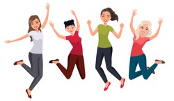 Vector illustration of women in different poses. Cartoon realistic people.Flat young woman.Front view.Happy group of people jumping on a white background. Women in casual clothes. Healthy lifestyle.