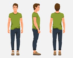 Vector illustration of three men in casual clothes under the white background. Cartoon realistic people illustartion. Flat young man. Front view man, Side view man, Back side view man