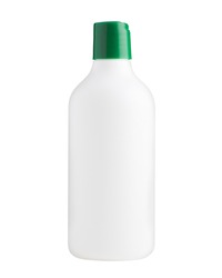 White plastic bottle with green disc top cap for cosmetics or other liquid products, isolated on white background