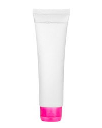 Tall translucent plastic tube with clear cosmetic liquid product inside, bright pink cap, isolated on white background
