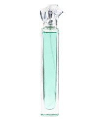 Tall, rectangular perfume spray glass bottle with plastic transparent cap with curved lines, blue liquid inside, isolated on white background