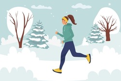 Running sporty woman in a jacket, warm clothes runs against background of winter landscape. young girl goes in for sports. Hand drawn style vector design illustrations. cartoon. running in winter