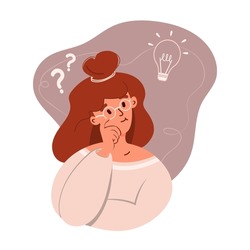Problem-solving concept, thinking woman, with a question mark and light bulb icon. Creative idea. Flat vector illustration.
