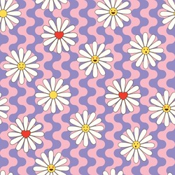 Colorful seamless pattern in geometric style with ditsy flowers. Groovy and fun vector print with smiled faces in chamomile flowers, cartoon style. Retro and hippie aesthetic, love and peace