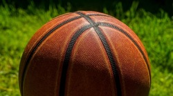 basketball ball on green grass background close-up isolated with empty space for text