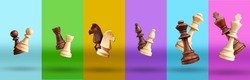 All the chess pieces floating above the table. King, queen, bishop, knight, pawn, rook, multicolored collage with black and white chess pieces. Advertising of a chess school